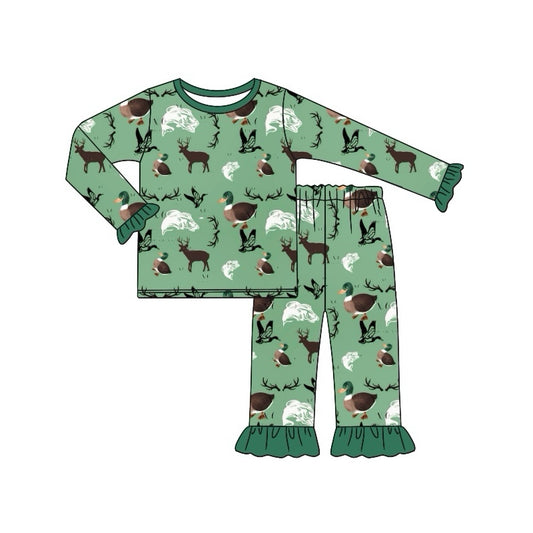 Long sleeves duck fish ruffle baby girls pajamas