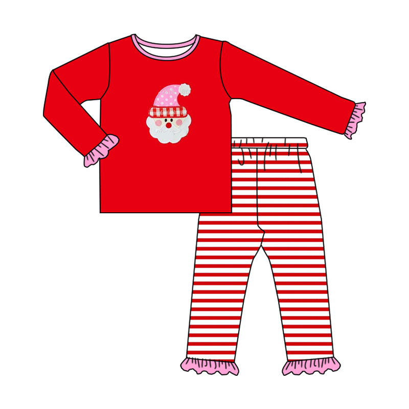 Red ruffle santa top stripe pants girls Christmas pajamas
