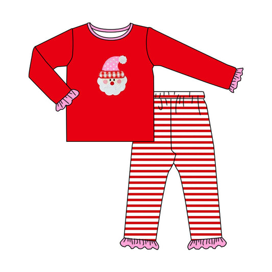 Red ruffle santa top stripe pants girls Christmas pajamas