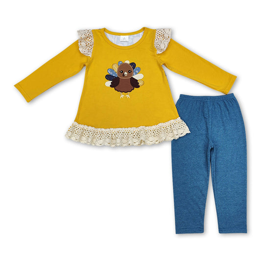 Mustard turkey lace ruffle kids girls Thanksgiving clothes