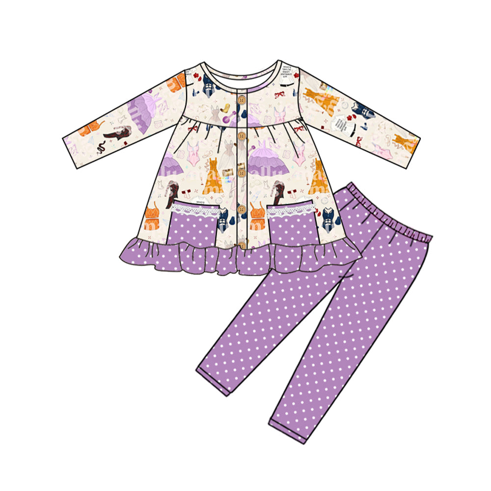 Pockets ruffle tunic lavender polka dots leggings singer girls set