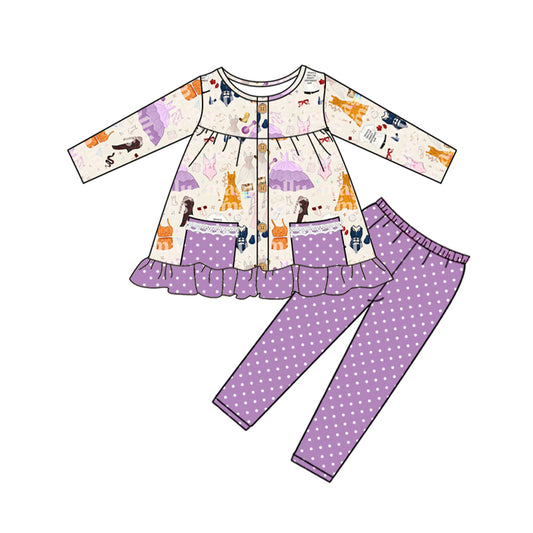 Pockets ruffle tunic lavender polka dots leggings singer girls set