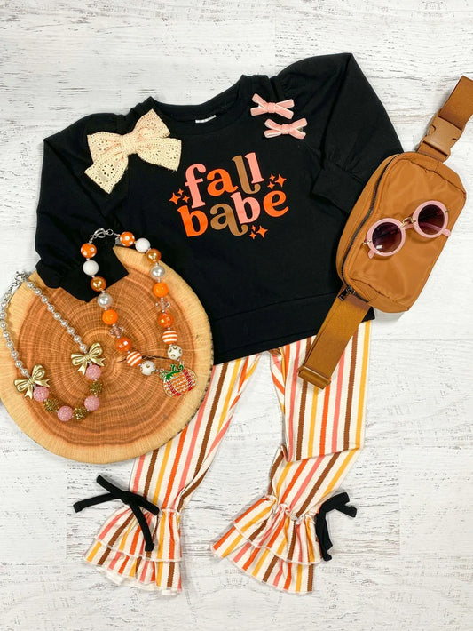 Fall babe black top stripe ruffle pants girls clothing set