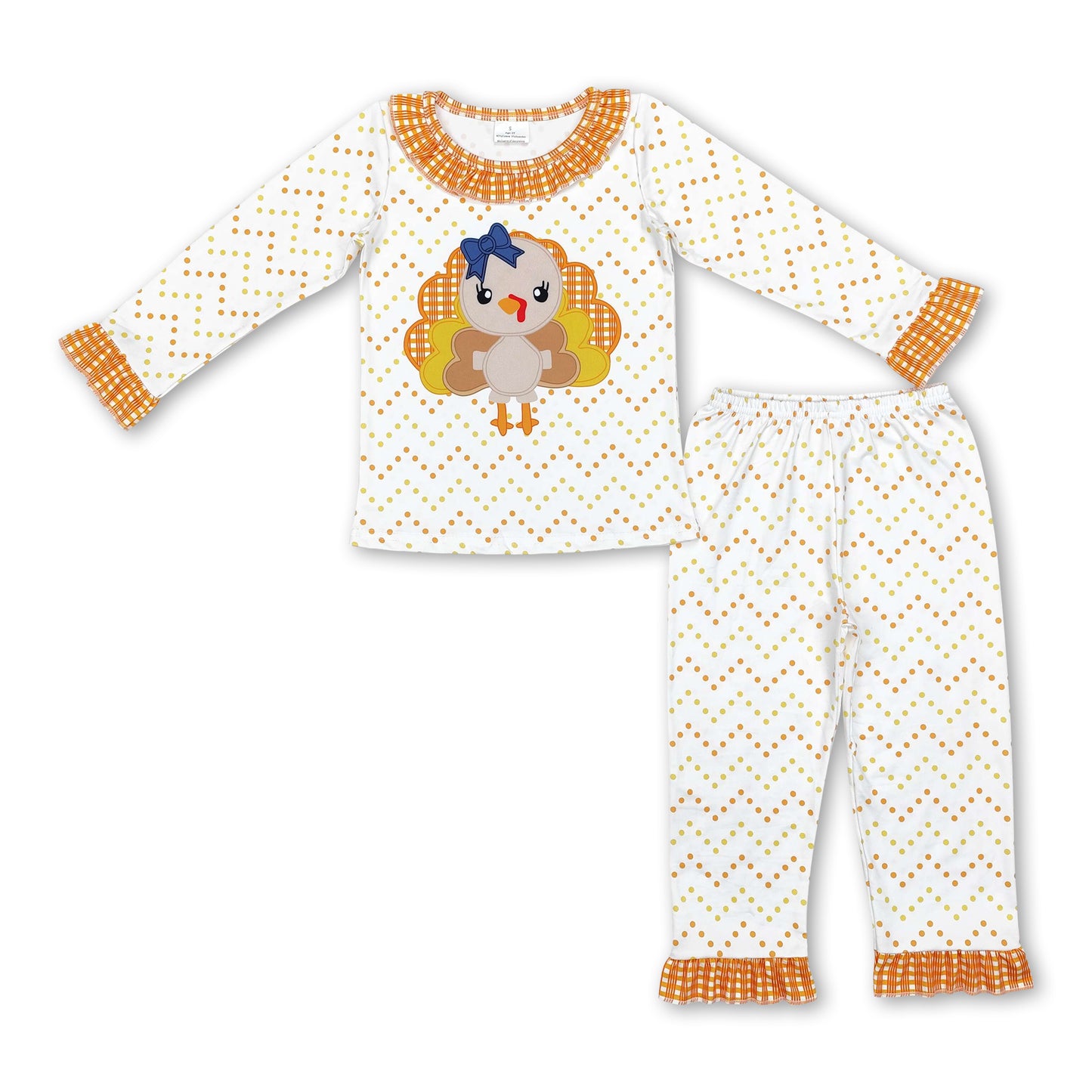 Yellow polka dots turkey kids girls Thanksgiving pajamas