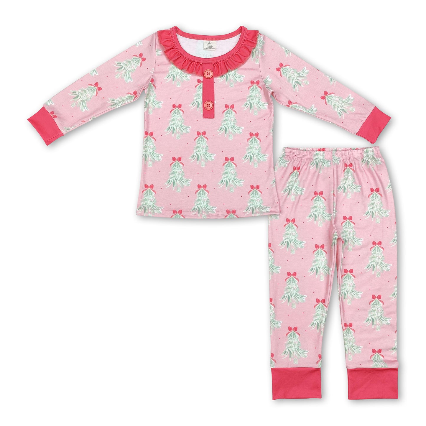 Long sleeves ruffle Christmas tree baby girls pajamas