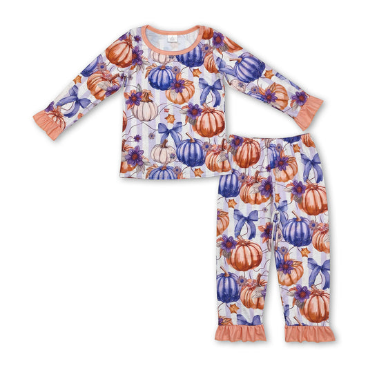 Purple bow stripe pumpkin ruffle girls fall pajamas