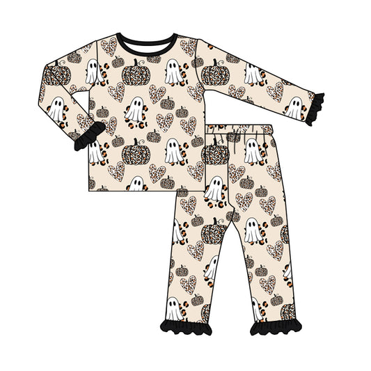 Black ruffle ghost leopard pumpkin girls Halloween pajamas