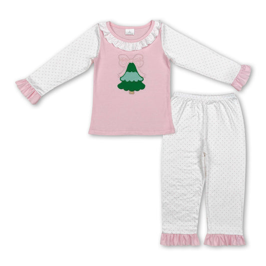 Pink bow Christmas tree top polka dots pants girls pajamas