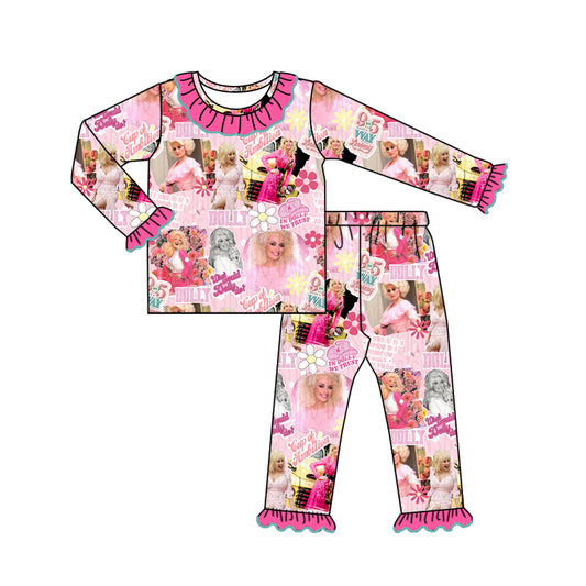 Pink ruffle long sleeves hat singer girls pajamas