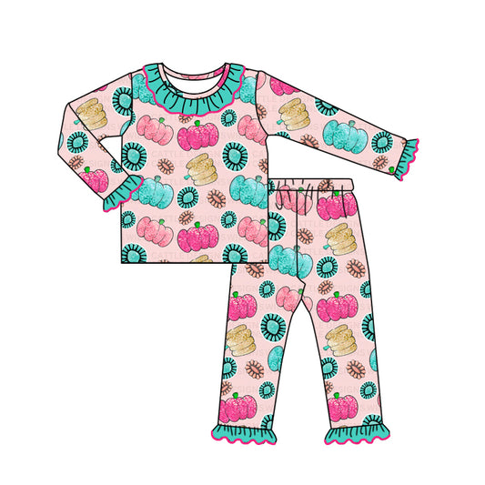 Turquoise pumpkin ruffle kids girls fall pajamas