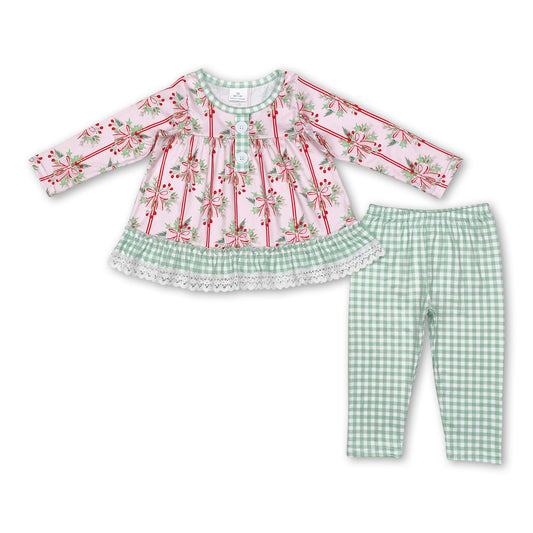 Pink bow berry tunic green plaid leggings girls Christmas set