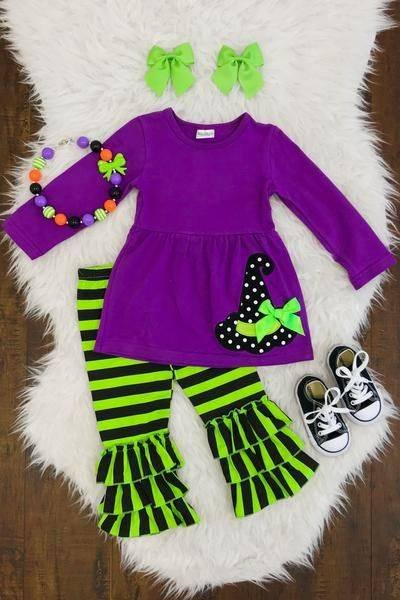 Purple witches tunic stripe pants girls Halloween clothes