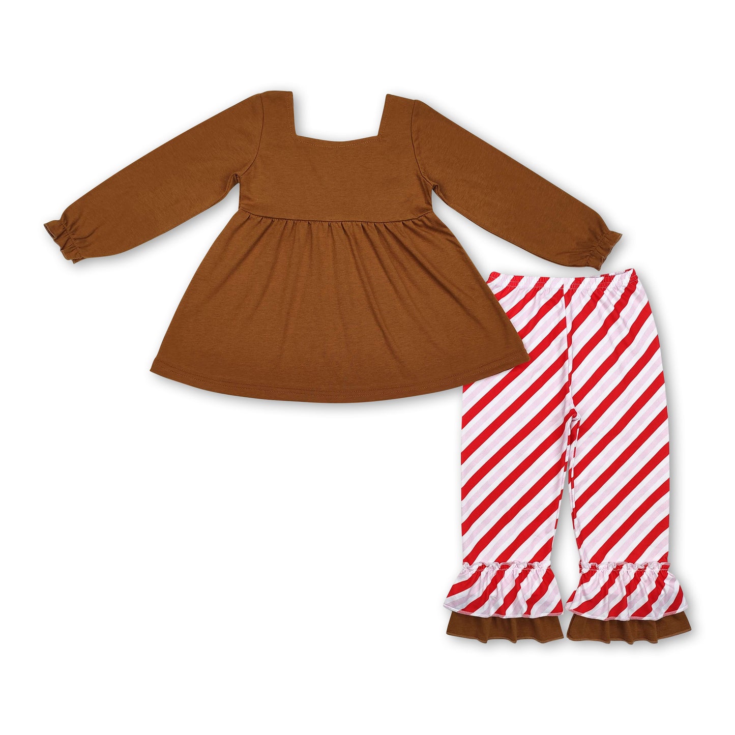 Brown gingerbread tunic ruffle pants girls Christmas outfits