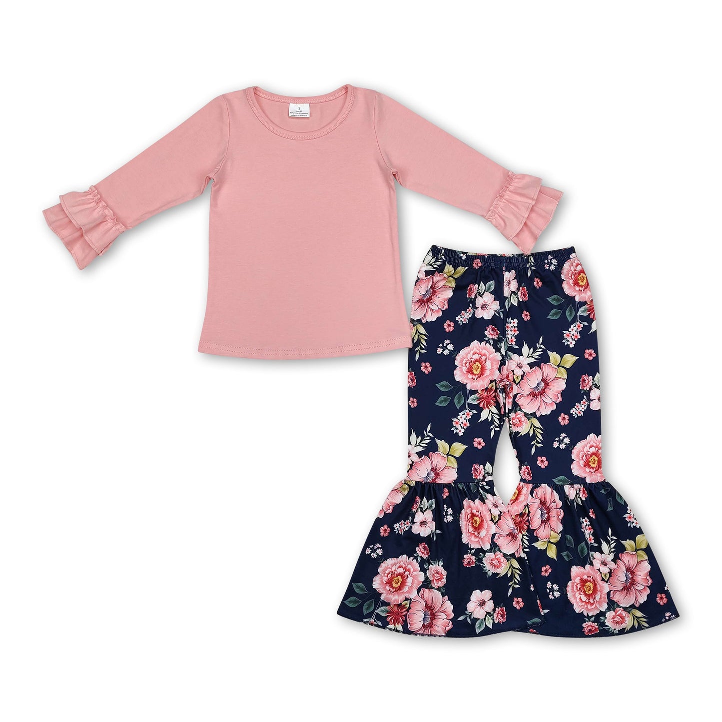 Pink ruffle top floral bell bottom pants girls clothing set