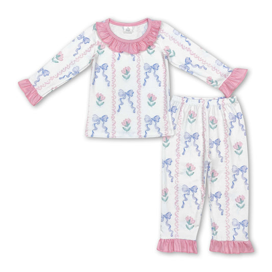 Pink ruffle floral bow kids girls pajamas