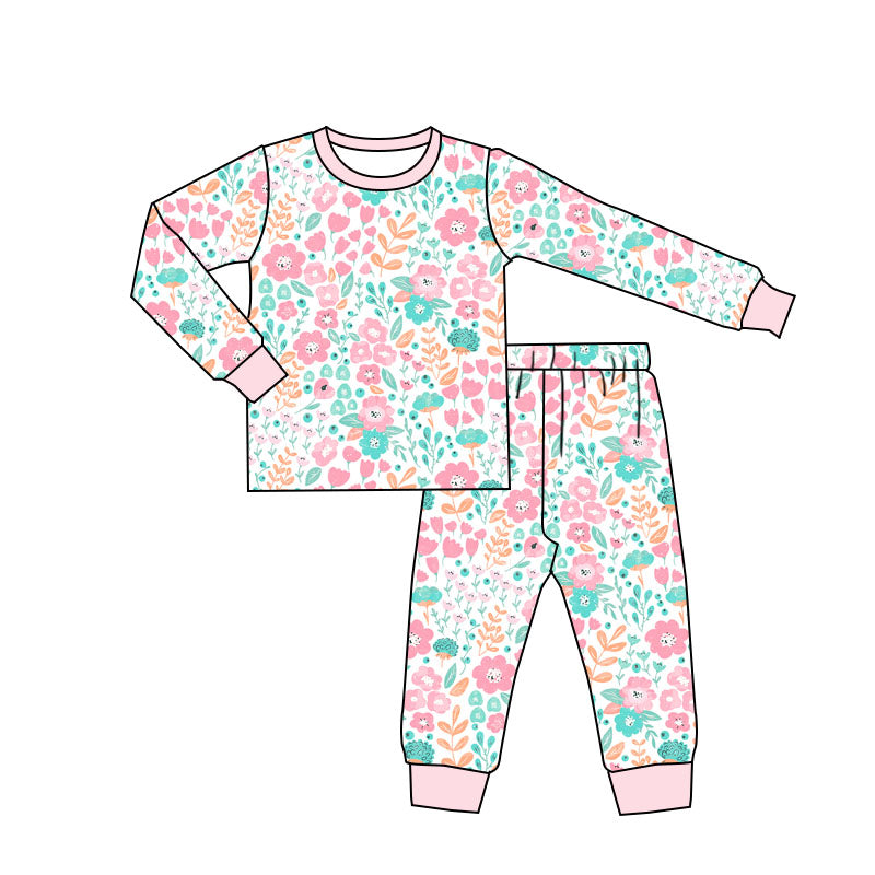 Pink long sleeves floral baby girls pajamas