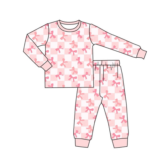 Pink plaid bow long sleeves kids girls pajamas