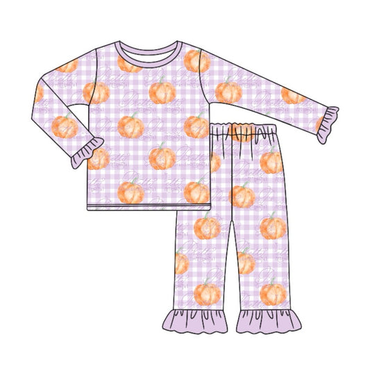 Ruffle long sleeves plaid pumpkin girls fall pajamas