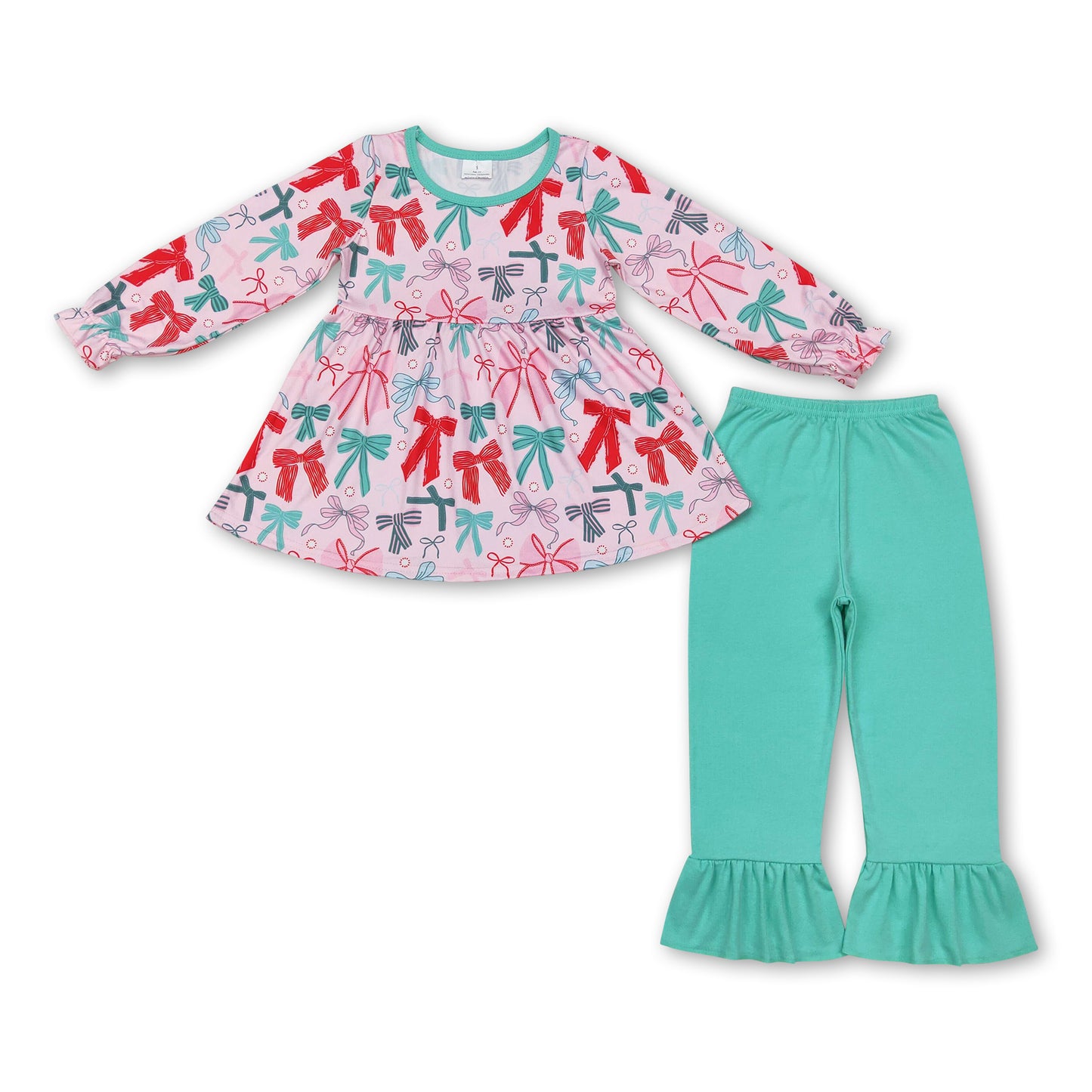 Colorful bow tunic green ruffle pants girls clothing set