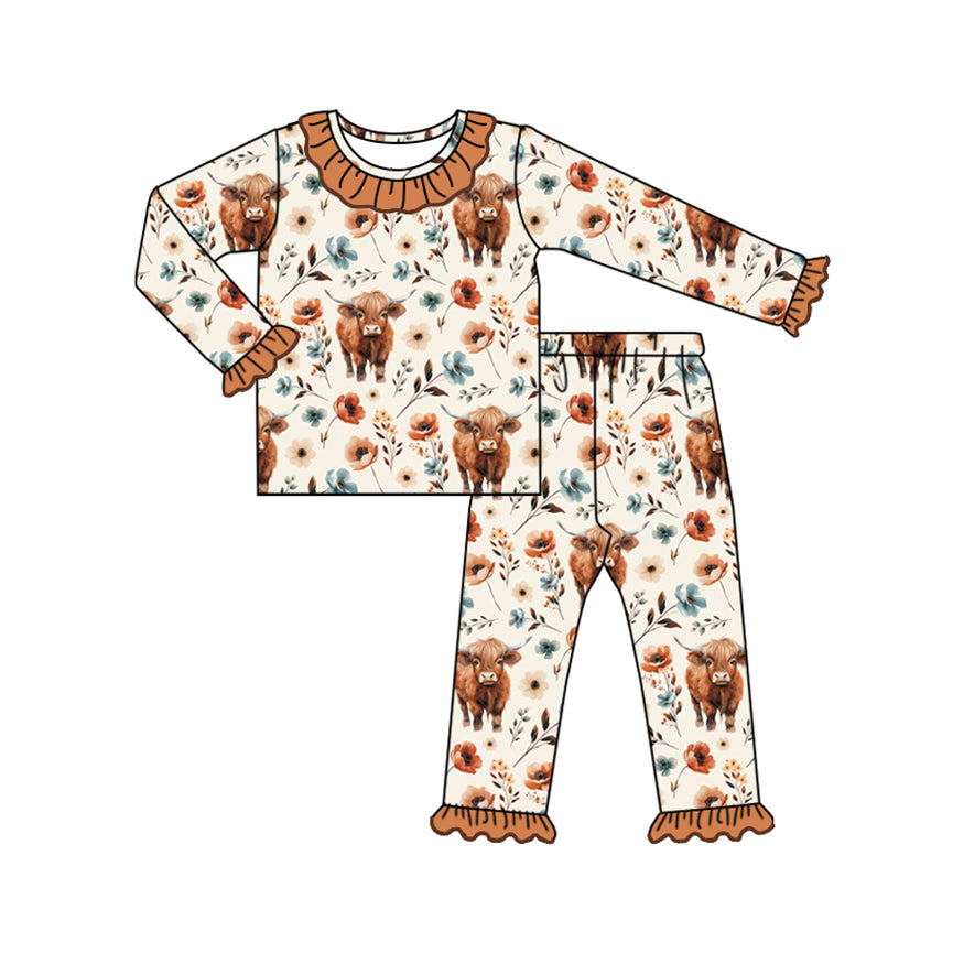 Brown ruffle floral long sleeves kids girls pajamas