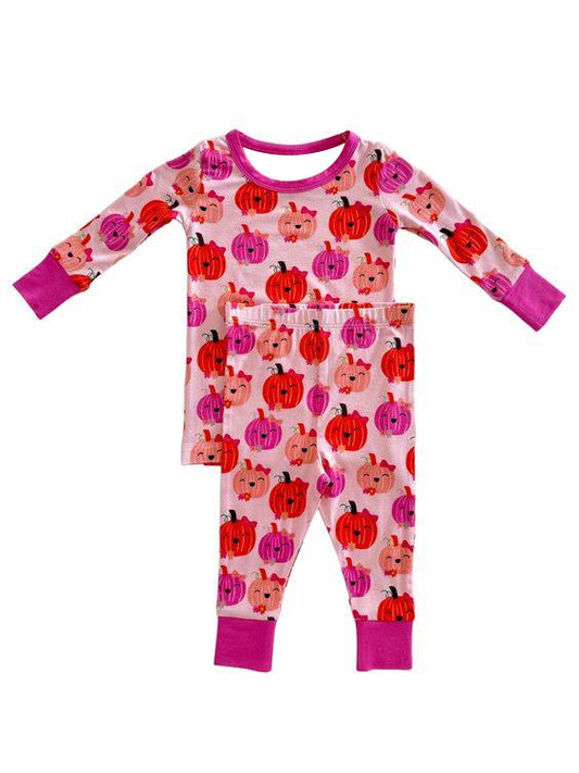 Hot pink pumpkin bow kids girls fall pajamas