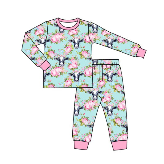 Pink long sleeves floral cows girls pajamas