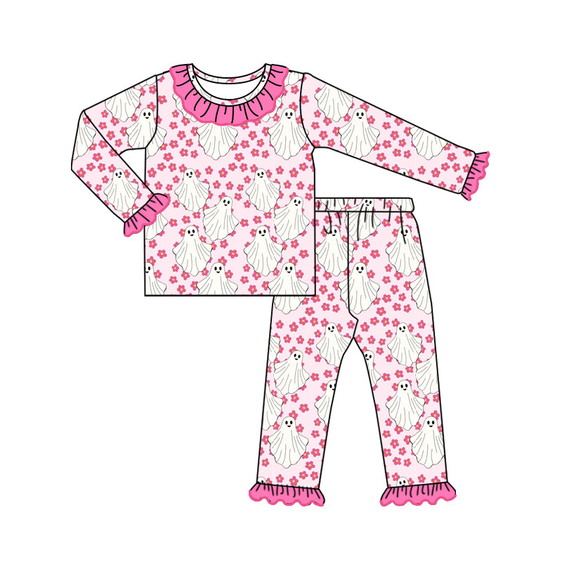 Pink floral ghost kids girls ruffle girls Halloween pajamas