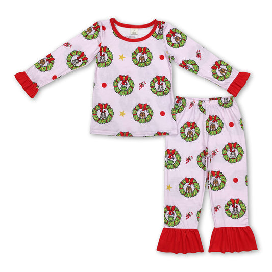 Long sleeves pink green face ruffle girls Christmas pajamas