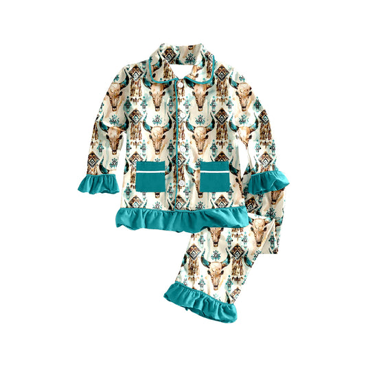 Ruffle long sleeves bull skull girls button down pajamas