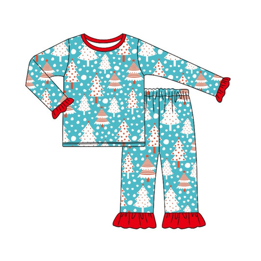 Light blue Christmas tree snow kids girls pajamas