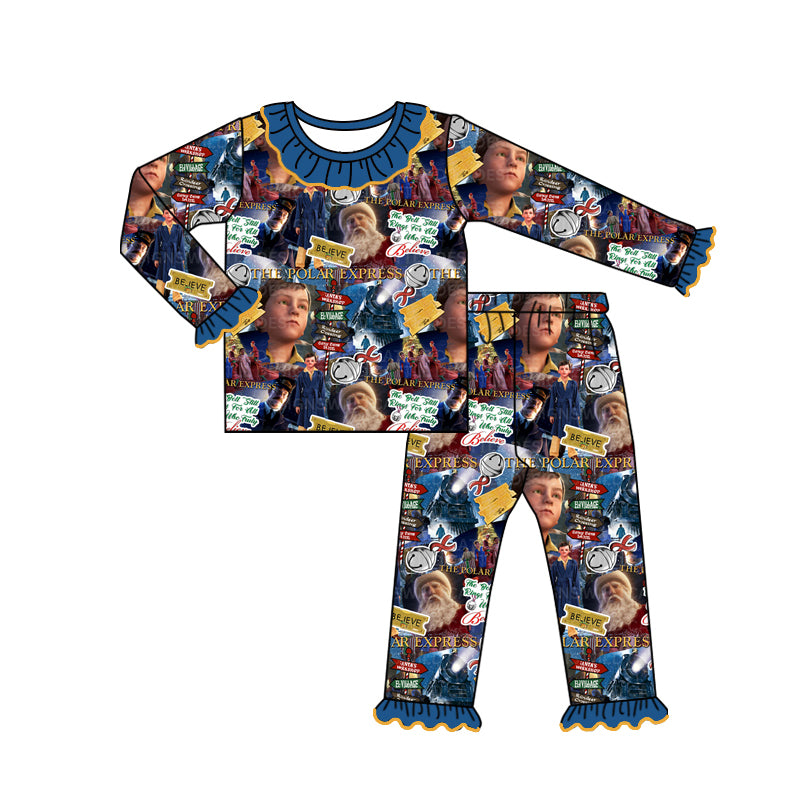 Blue ruffle train believe kids girls Christmas pajamas