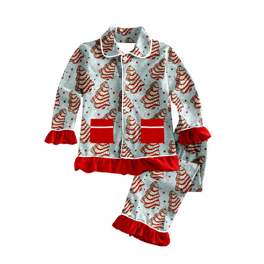 Christmas tree cakes kids girls button down pajamas