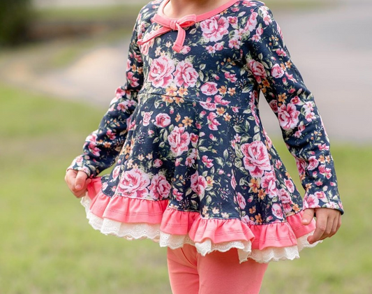 Floral ruffle tunic pink leggings kids girls clothing set