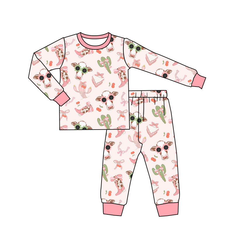 Long sleeves cow cactus boots bow western girls pajamas