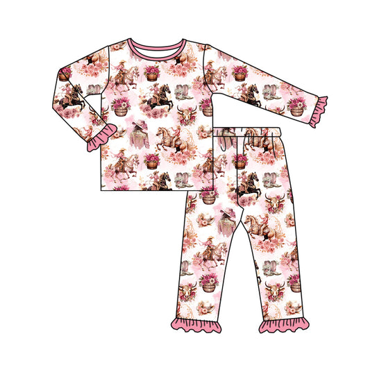 Pink ruffle horse floral rodeo girls western pajamas