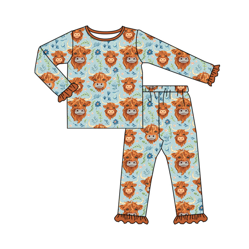 Ruffle highland cow floral girls western pajamas