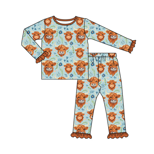 Ruffle highland cow floral girls western pajamas