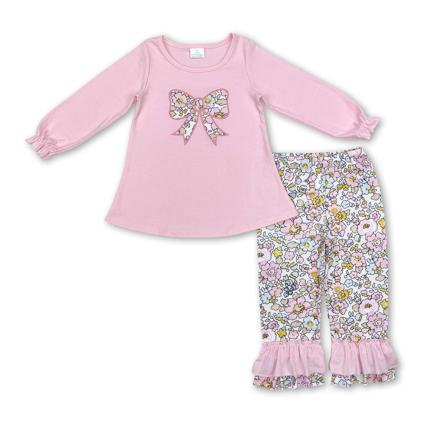 Pink bow tunic floral ruffle pants girls clothing set