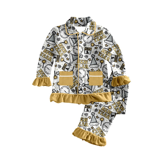 Happy New Year pockets girls button down pajamas