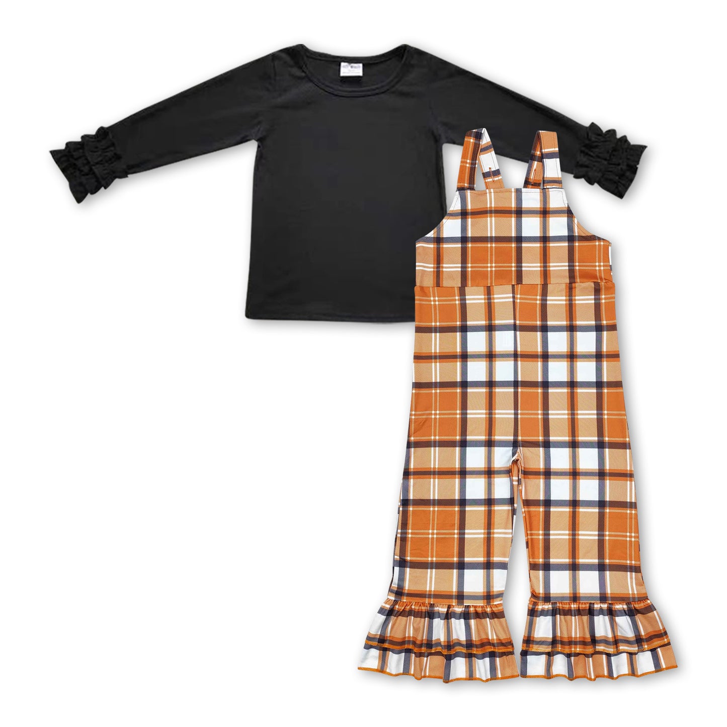 Black cotton top plaid overalls girls fall clothes