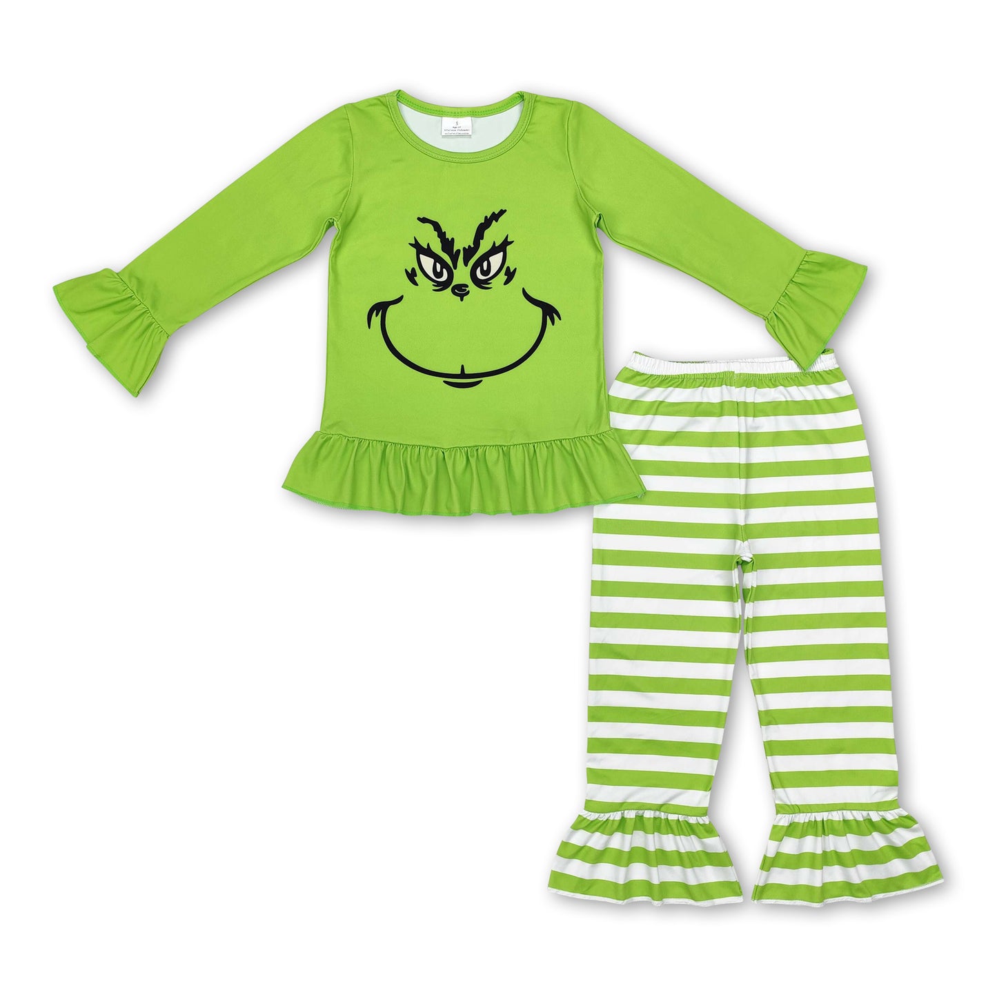 Green face ruffle top stripe girls Christmas clothes