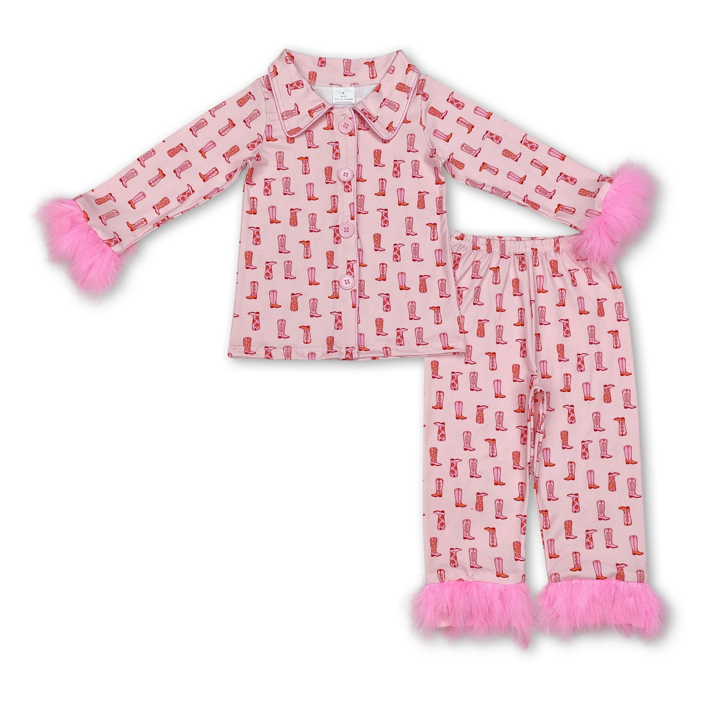 Pink boots fur long sleeves button down girls western pajamas