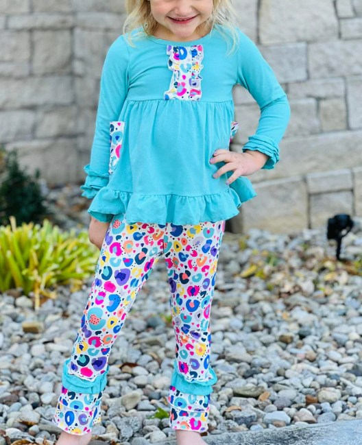 Aqua ruffle tunic leopard leggings girls clothing set