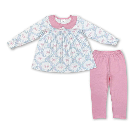 Pink bow floral tunic leggings girls clothing set