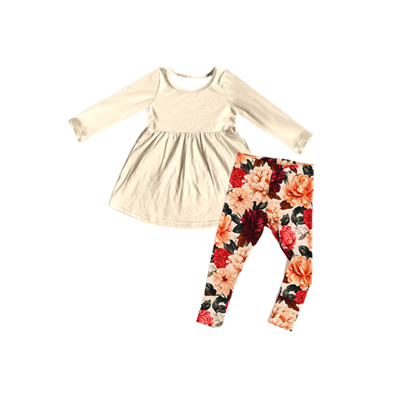 Beige long sleeves tunic red floral leggings girls clothing