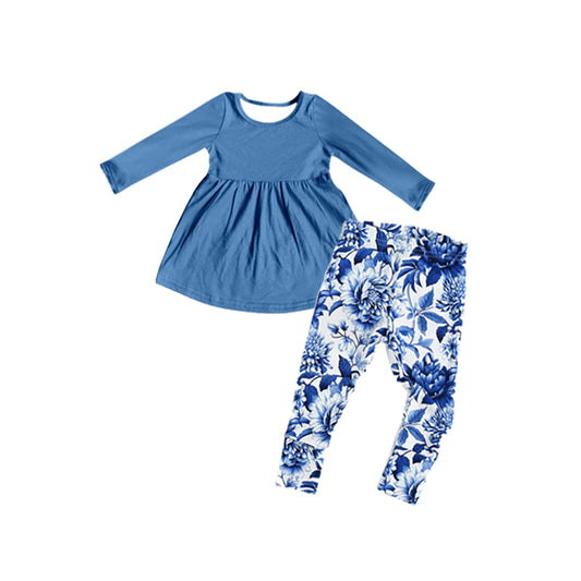 Long sleeves tunic blue floral leggings girls clothing