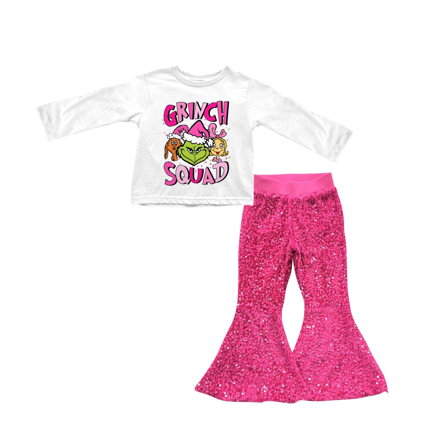 Green face squad top sequin pants girls Christmas outfits