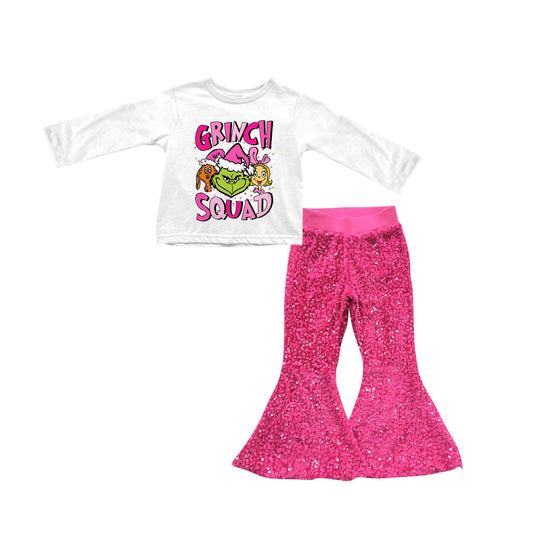 Green face squad top sequin pants girls Christmas outfits