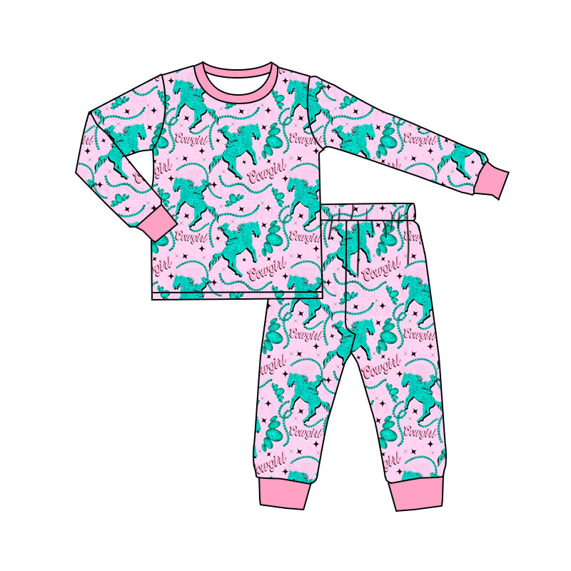 Pink long sleeves cowgirl rodeo kids girls western pajamas