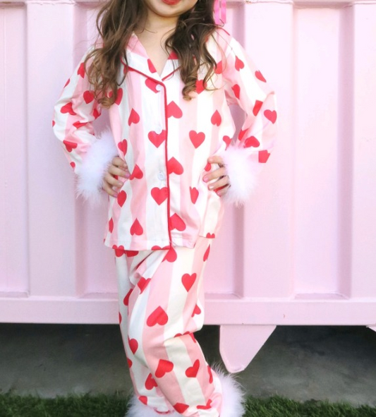 Pink stripe heart fur girls valentine's button down pajamas